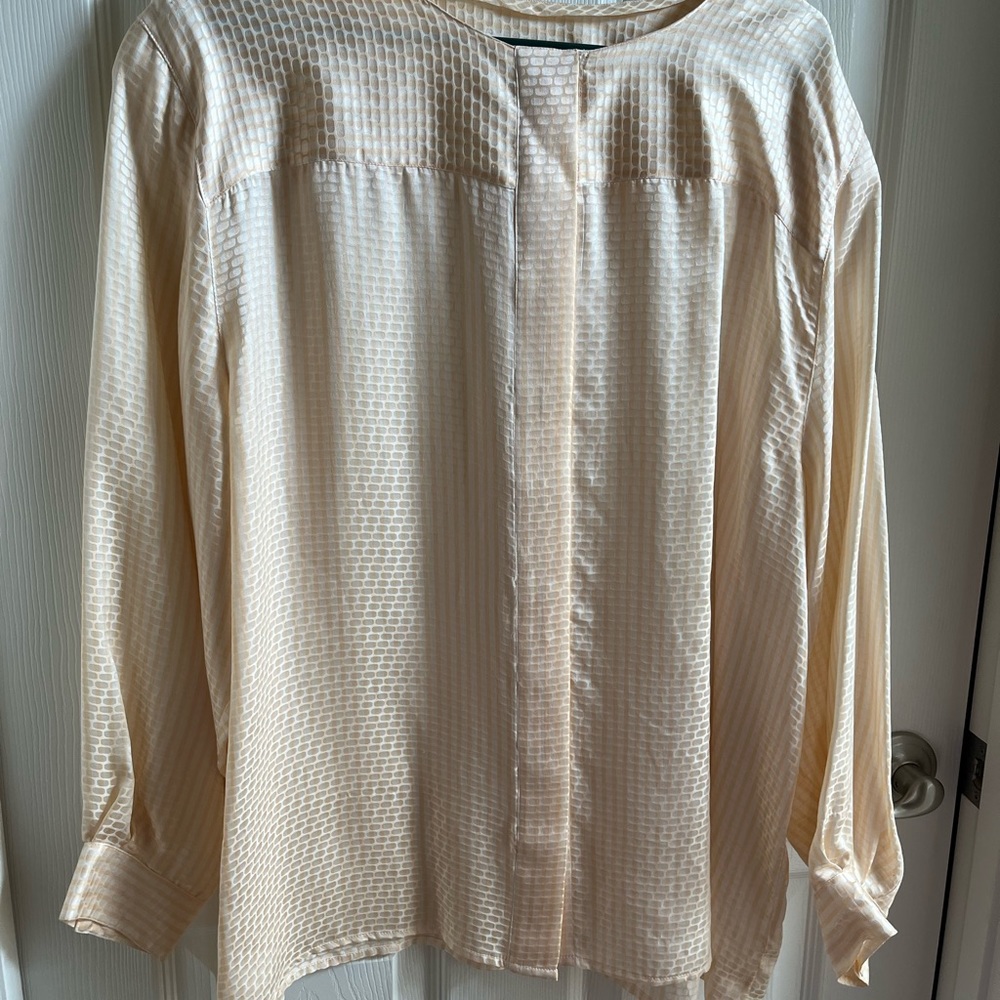 Long sleeve silk blouse. Buttons are hidden by flap.